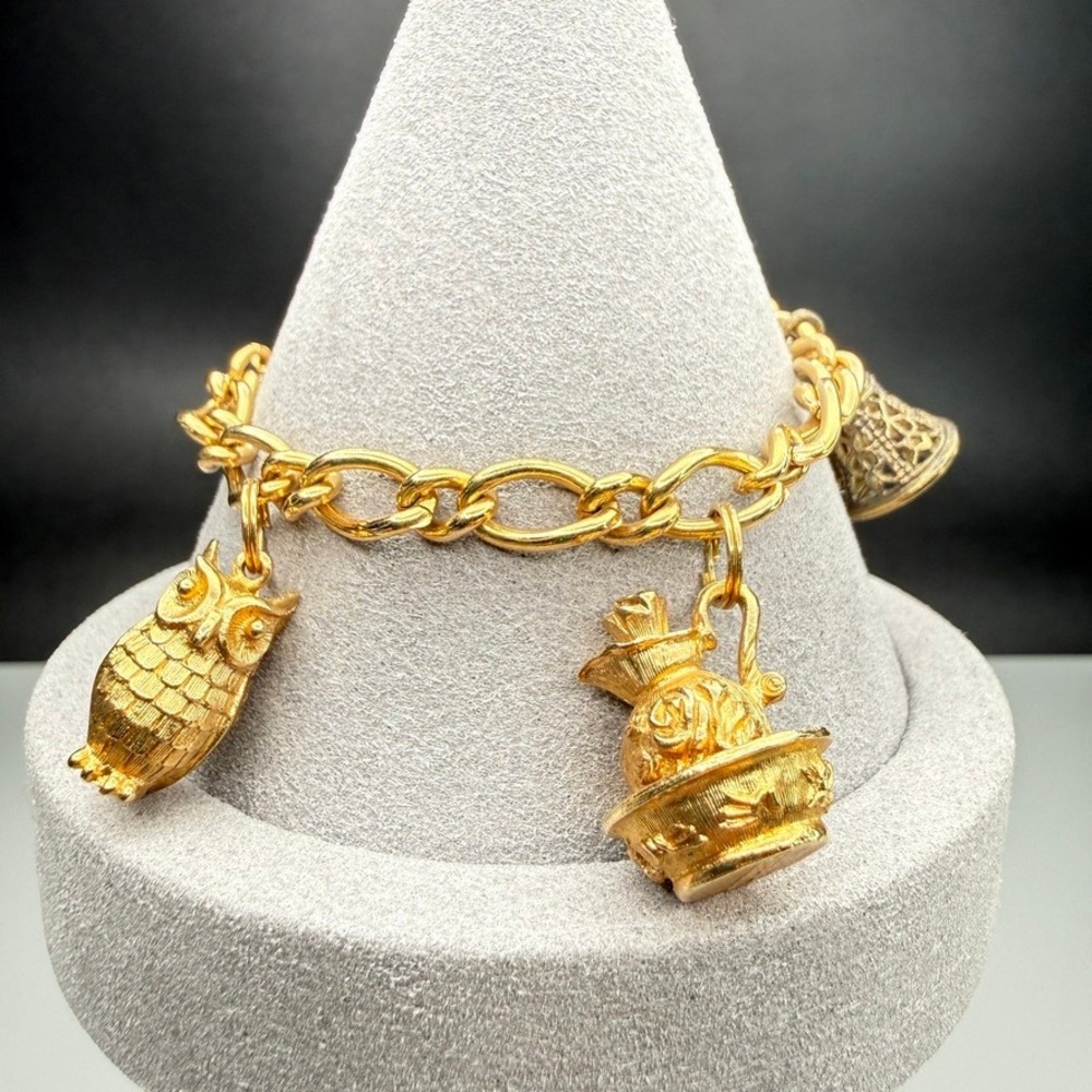 Vintage Avon Charm Bracelet Gold Tone Owl Pitcher Bell MCM Whimsical